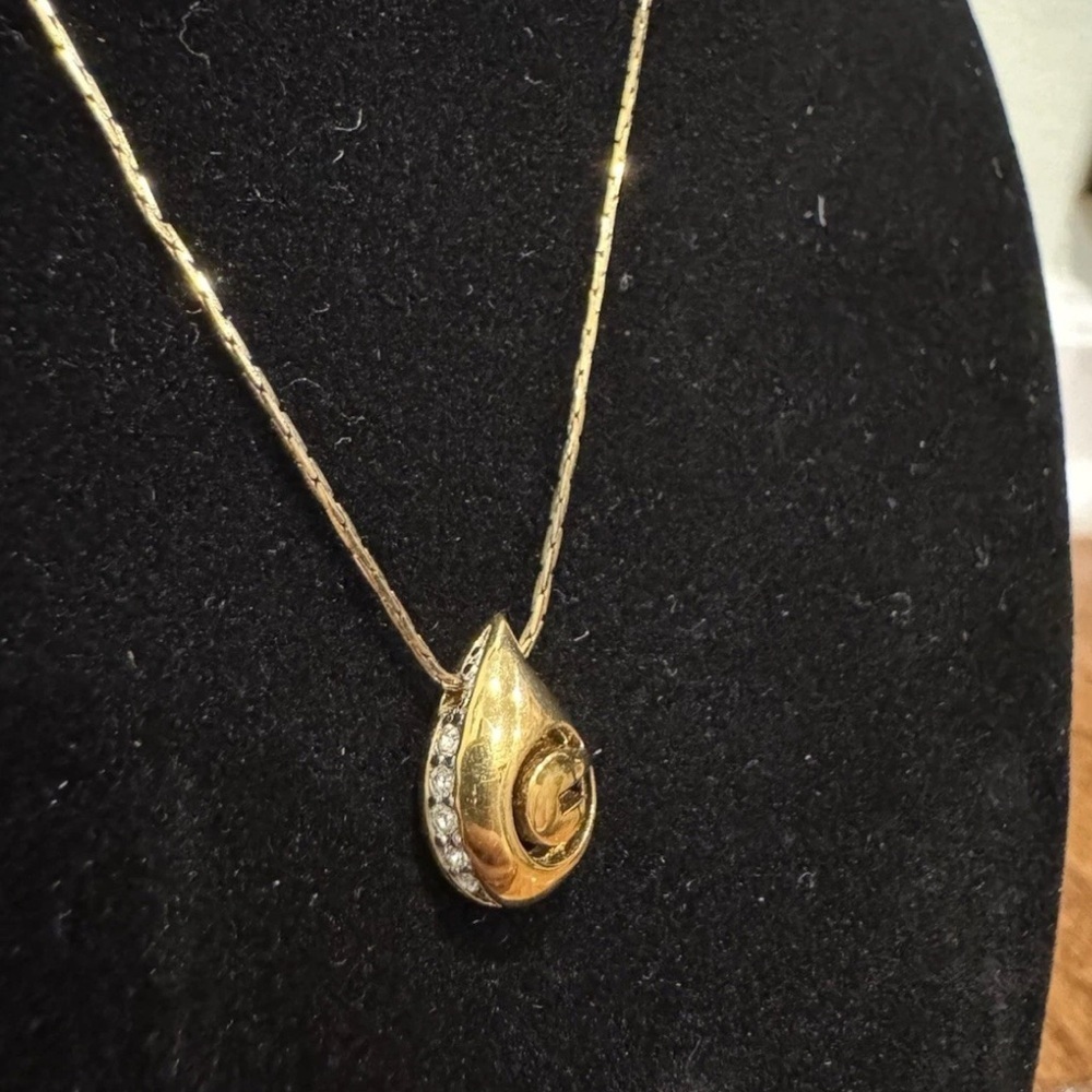 Givenchy Vintage Logo G Teardrop Crystal Pendant Necklace Gold Signed Authentic - Picture 2 of 5